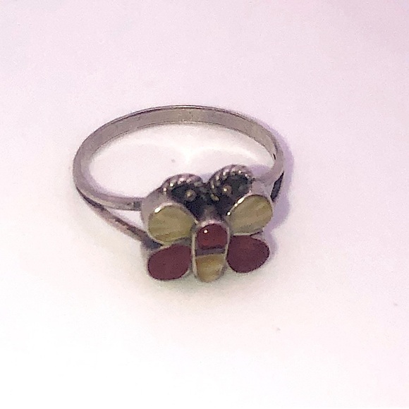 Vtg Sterling Coral MOP Butterfly Ring No Stamp - Tested Silver Sz 5.75 - Picture 3 of 5